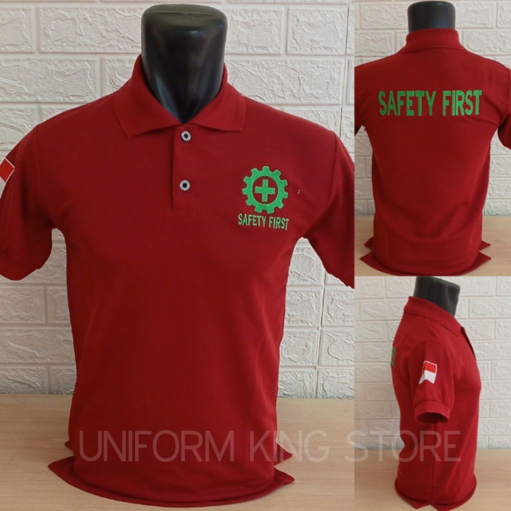 SAFETY FIRST MAROON FULL EMBROIDERY T-SHIRT - SAFETY FIRST MAROON EMBROIDERED COLLAR T-SHIRT - SAFET