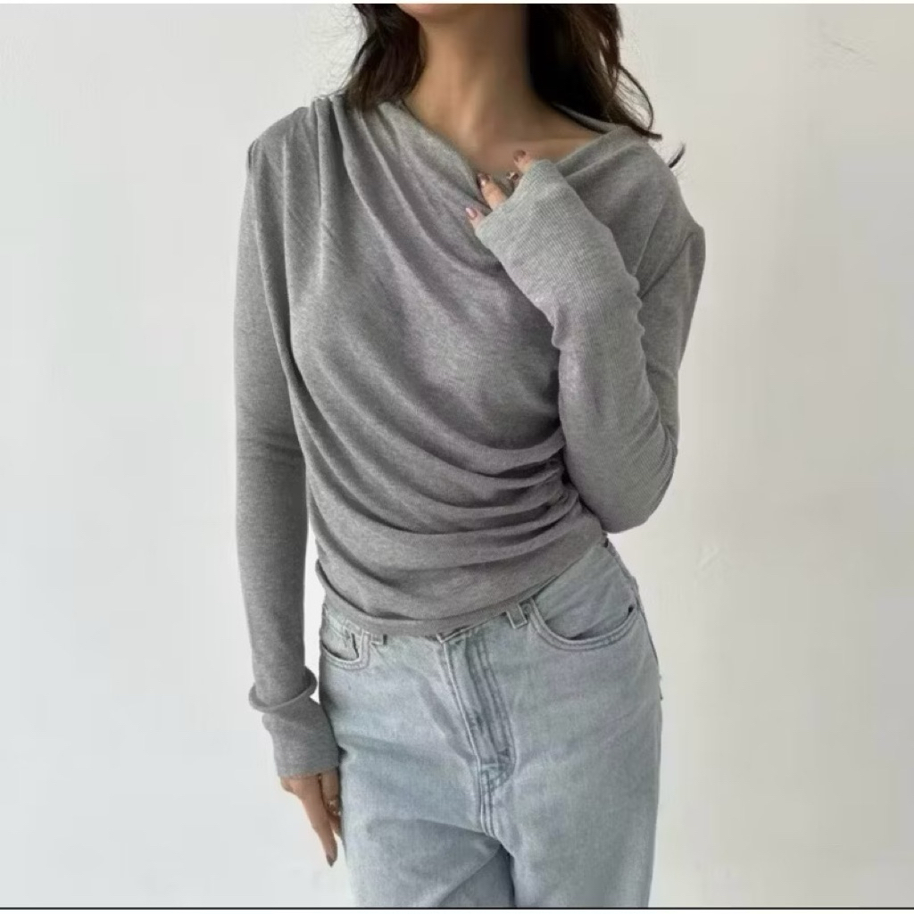 [Serana Ofc] APRIL TOP HOLLY TOP - เสื้อถักผู้หญิงแขนยาว Ruched จีบ Rample พื้นฐานเกาหลีผู้หญิงฤดูร้