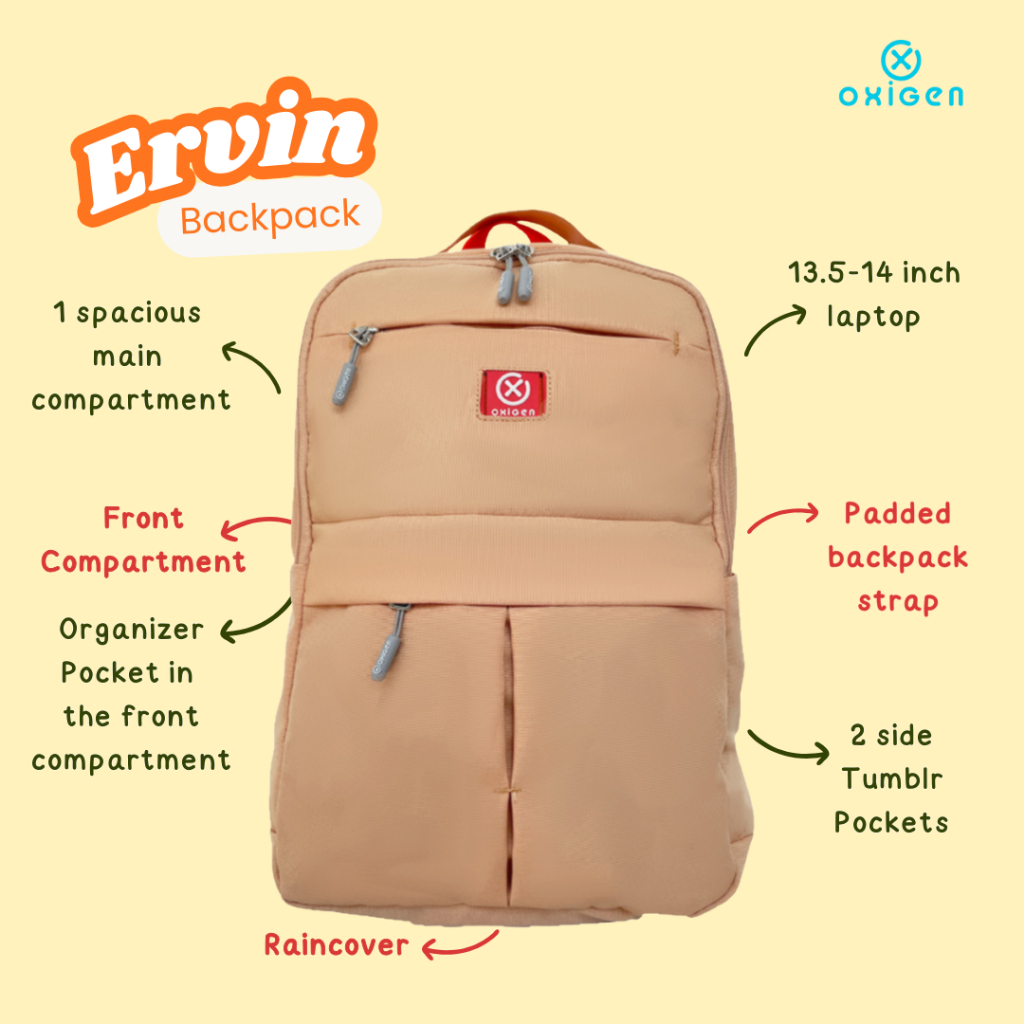 Oxigen Ervin กระเป๋าเป้สะพายหลังแล็ปท็อปของผู้หญิงกระเป๋าเป้สะพายหลังโพลีเอสเตอร์ผ้าคลุมกันฝนฟรี