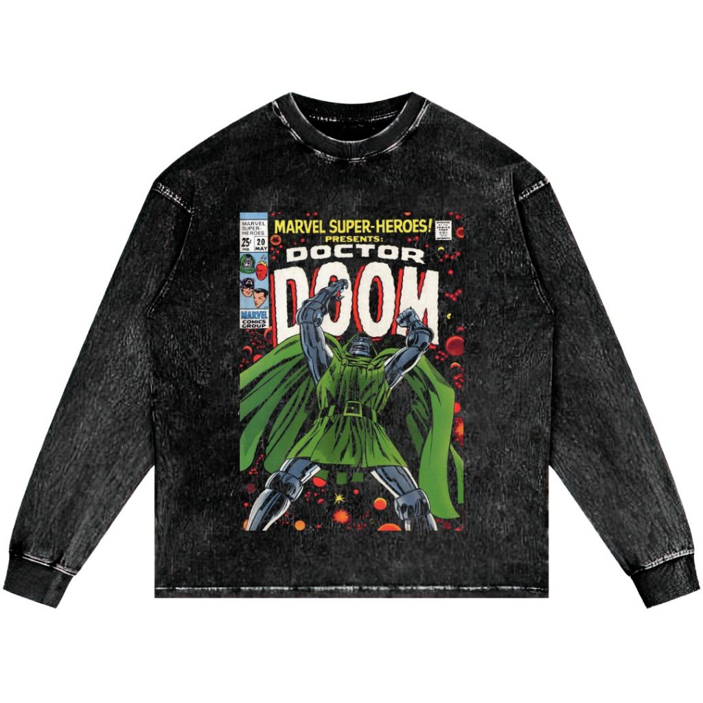 DOCTOR DOOM LONG SLEEVE OVERSIZE เสื้อยืด STONE WASH VINTAGE TEE UNISEX TOP COMICS CLOTHES