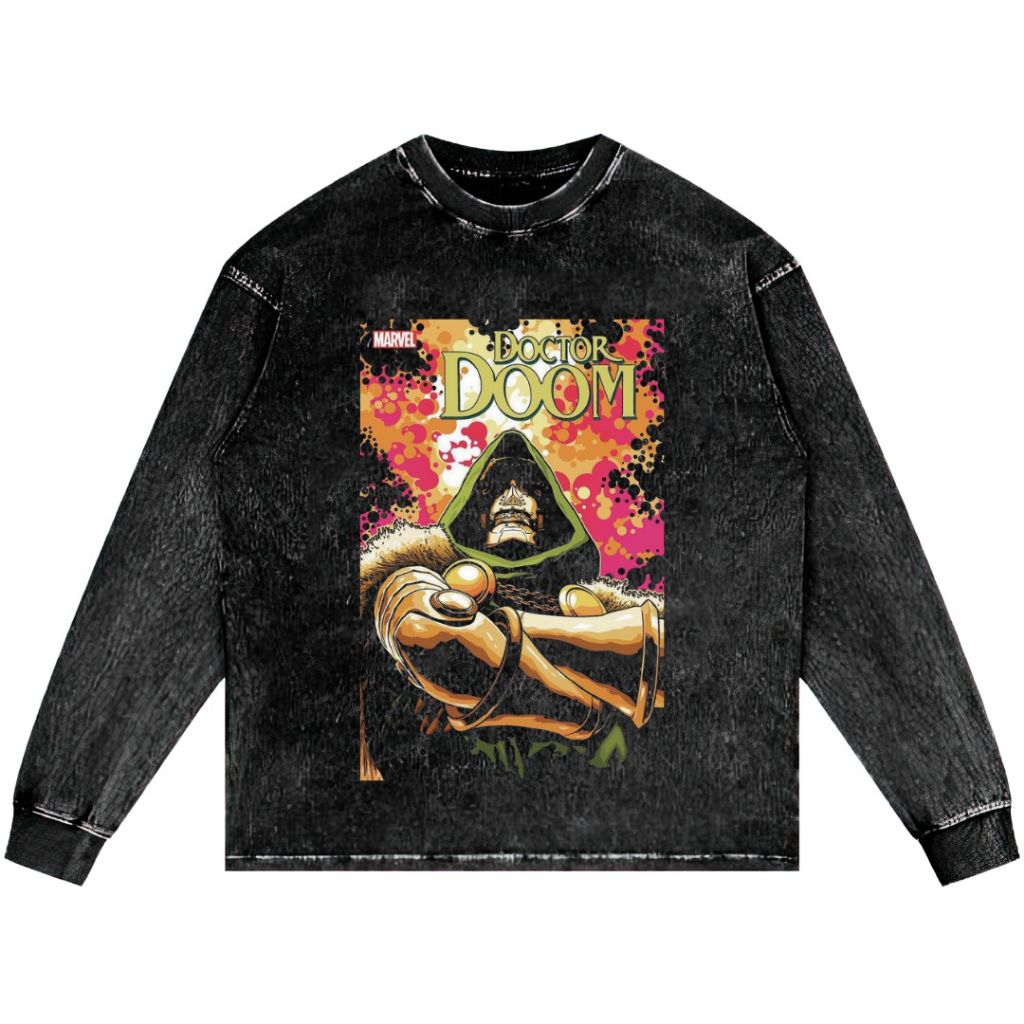 DOCTOR DOOM LONG SLEEVE OVERSIZE เสื้อยืด STONE WASH VINTAGE TEE UNISEX TOP COMICS CLOTHES