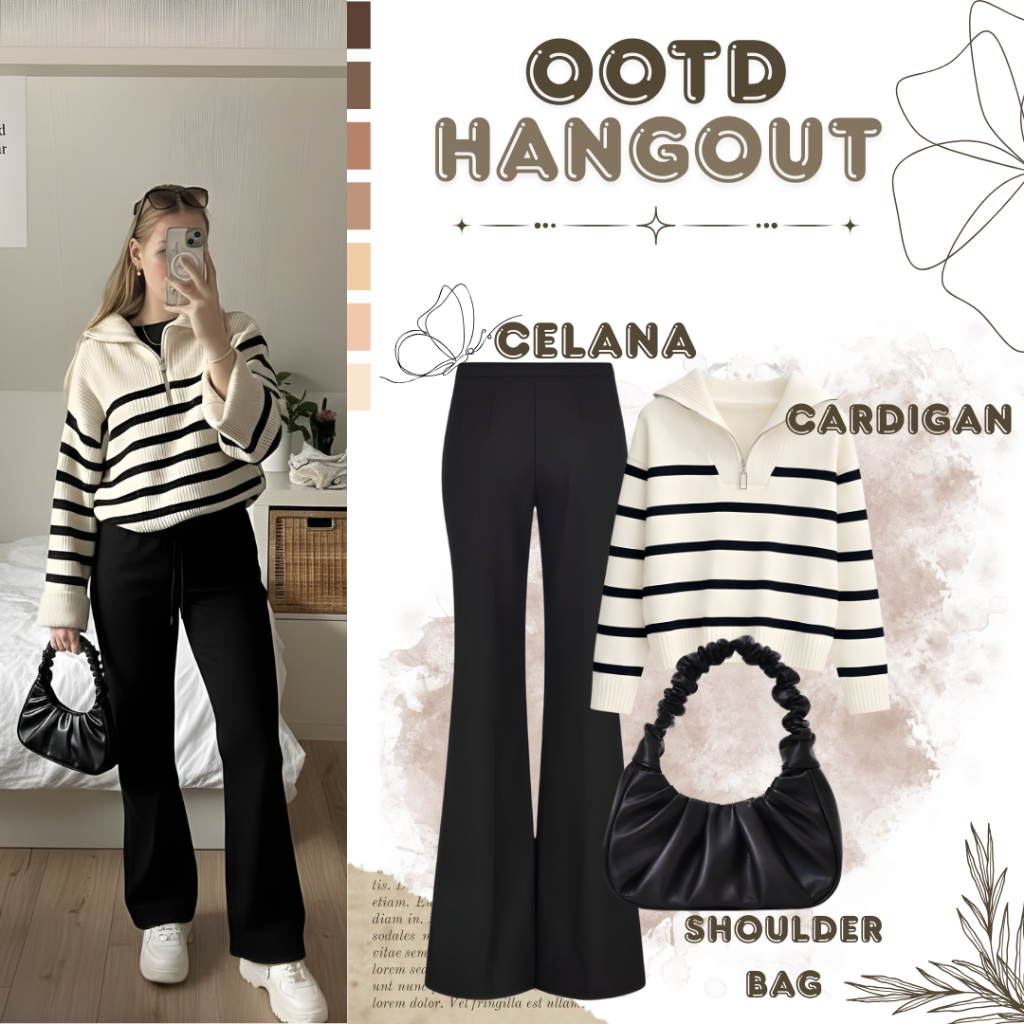 Aura Street Outfit Set (Cardigan, Cutbray Pants, Bag) Oneset ผู้หญิง, Suit Trendy Hangout Suit S69