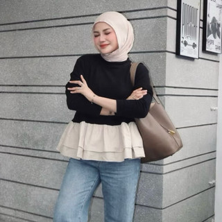 Nerina Blouse [ORIGINAL] by BOS FASHION ID Blouse Peplum Knit Mix Poplin Nerina Blouse Rample Wanita Lengan Panjang