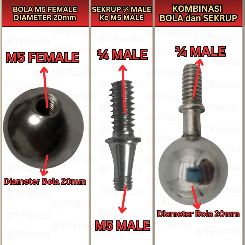 BALL Ball Head M5 Female Mount, 1/4 Male M5 Male Screw, Metal Screw Ball, Camera Mount Ball Screw Bo