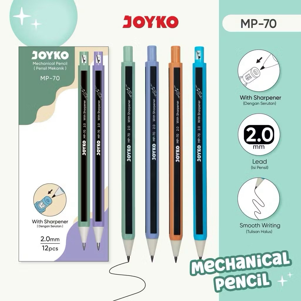 JOYKO MP-70 2.0MM 2B MECHANICAL PENCIL พร้อม SHARPENER (1 กล่อง CONTAINS 12 ชิ้น)