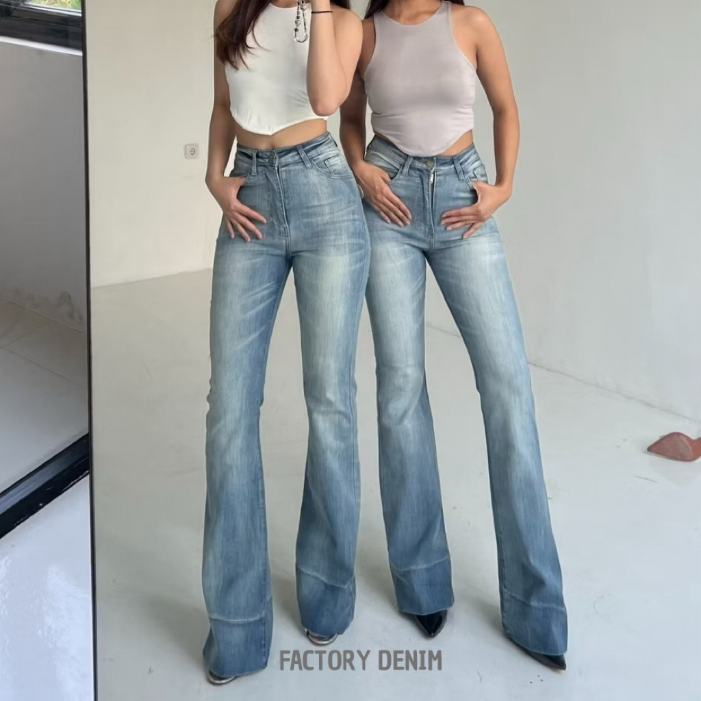 Mckenzie กางเกงยีนส์เอวสูง Cutbray กางเกงขายาวผู้หญิงยืด