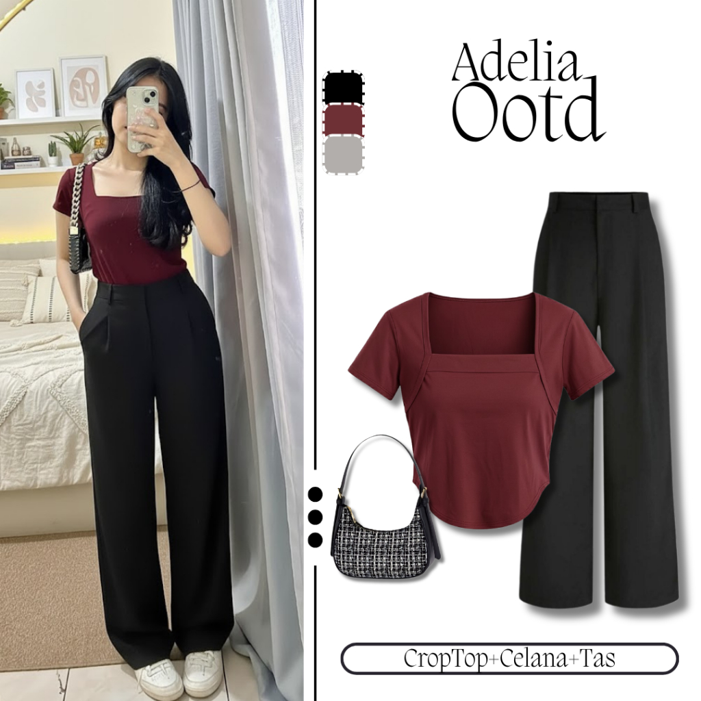 Korean Look 3in1 Womens Outfit Set [Crop Top + Jennie Pants + Bag] สาววัยรุ่นที่เป็นไวral HS4D ปัจจุ