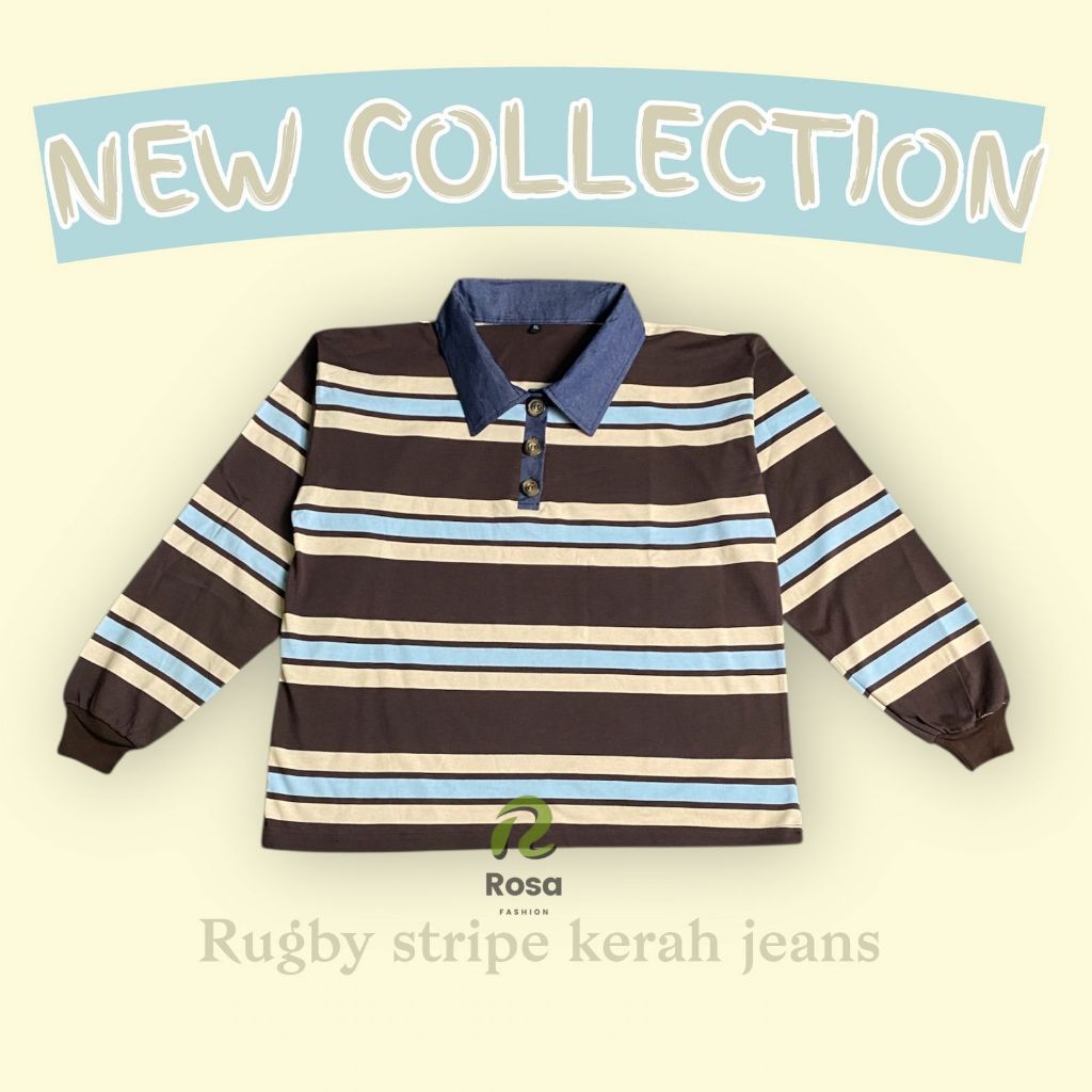 NEW RUGBY STRIPE JEANS COLLAR STRIPE เสื้อยืดผู้หญิง TOP COTTON MATERIAL