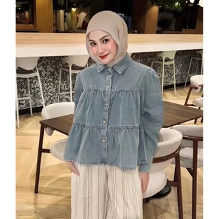 Nirmala Kemeja Jeans Crop Top Atasan Wanita Lengan Panjang - Blouse Rempel Susun Jeans