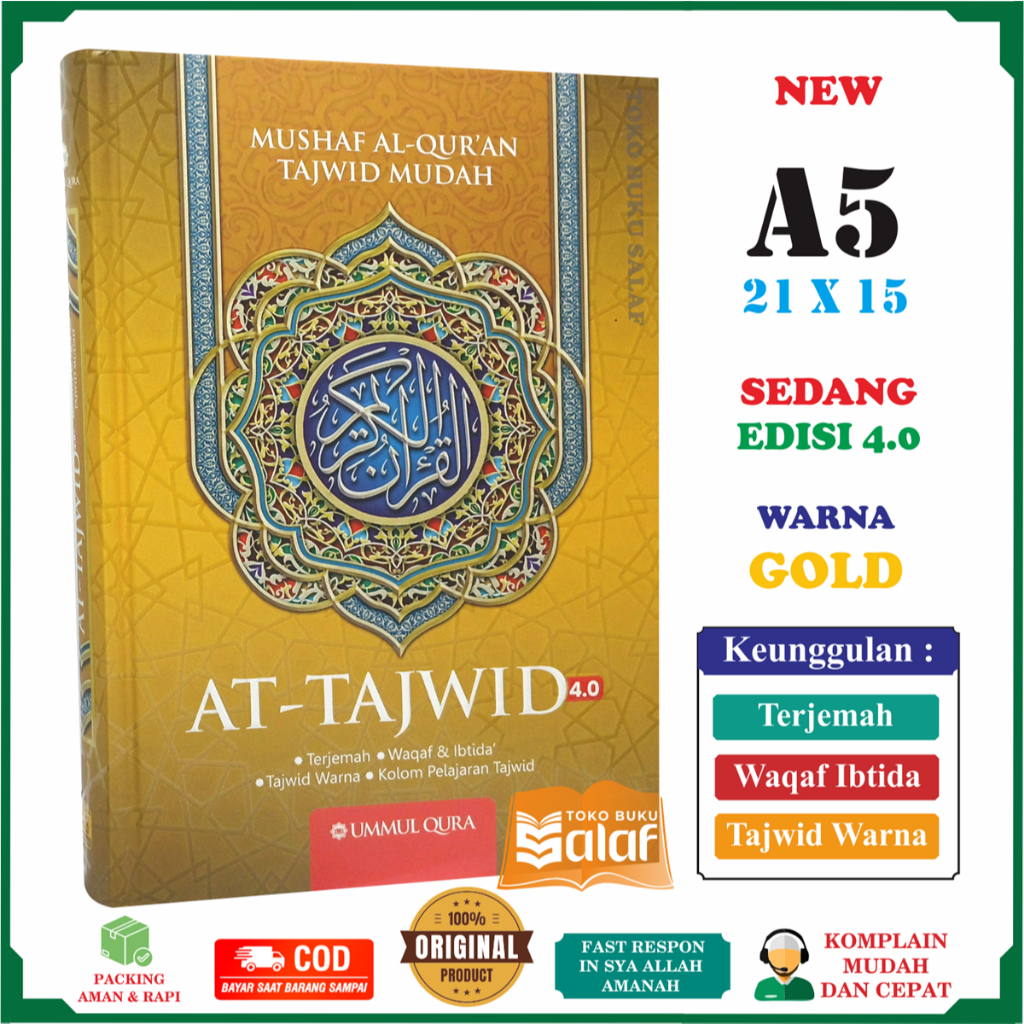 Al-Quran At-Tajwid A5 HC MEDIUM GOLD Mushaf Al-Quran At-Tajwid Easy Color Transmulitida Al-Quranecto