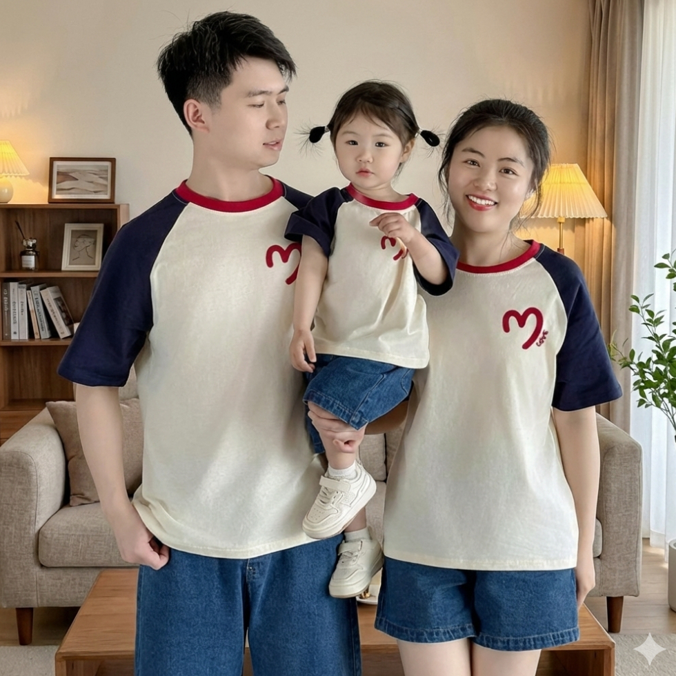 (PREMIUM QUALITY) LIGHT BROWN - NAVY RAGLAN SCREEN PRINTING: HALF LOVE FAMILY COUPLE T-SHIRT 3 สี CO