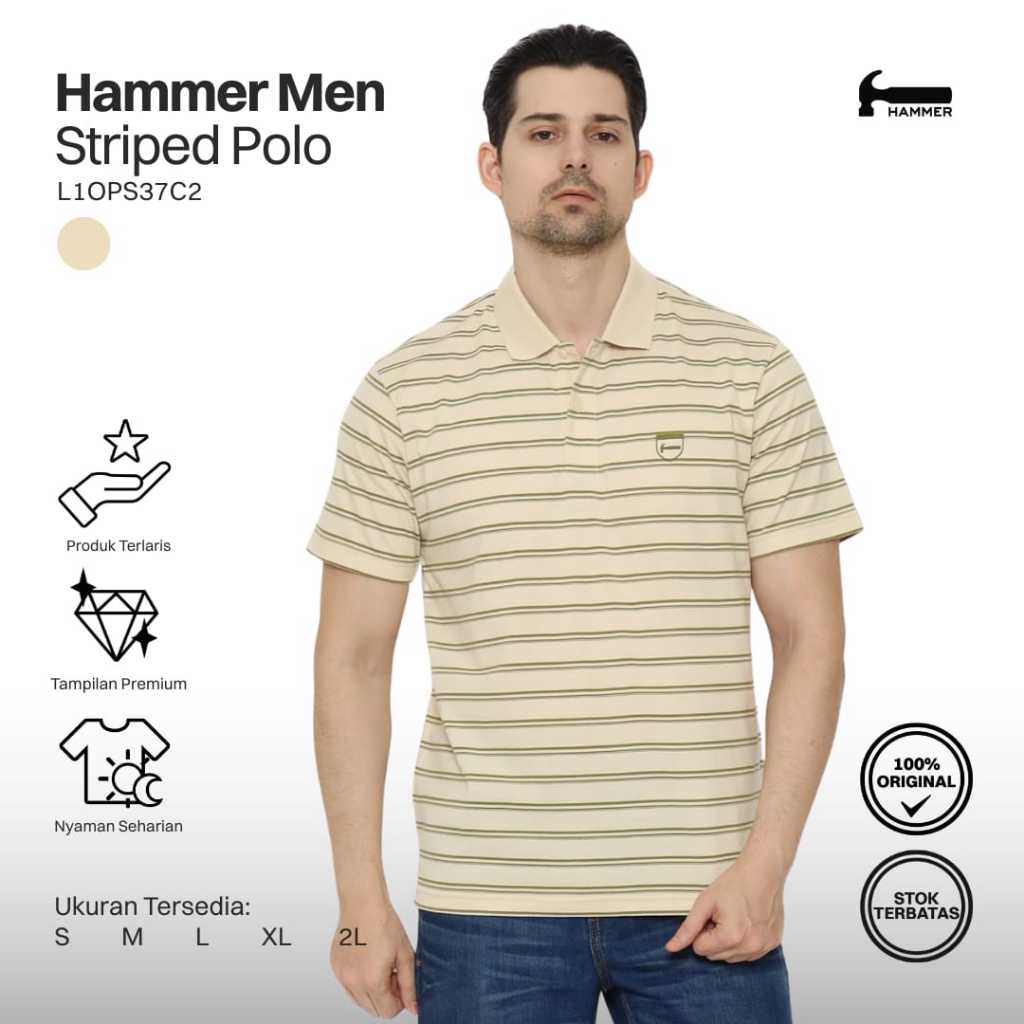 Hammer Men Polo Striped | เสื้อยืดคอปกลายทางแขนสั้นปกติสําหรับผู้ชายสีน้ําตาล L1OPS37C2