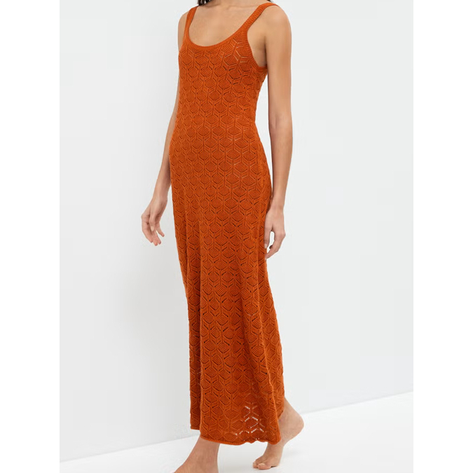 Oysho ชุดเดรสยาวถักโครเชต์ผ้าฝ้ายแท้สีส้มไหม้ - ชุดเดรสฤดูร้อน Beachwear ลําลอง