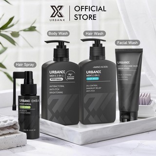 URBANX Men's Care Men Skincare Pria Paket Complete /Volcanic Mud Face Wash/Ag+ SILVER IONS Body Wash/Shampoo Amino Acids/KOPEXIL Hair Spray