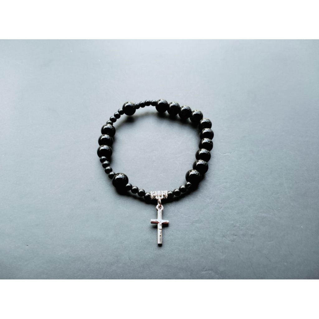 G1122 BLACK HEAVY PEARL ROSARY BRACELET CATHOLIC CROSS BRACELET