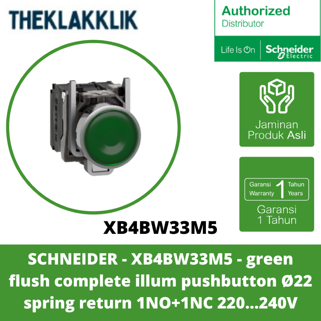 SCHNEIDER - XB4BW33M5 - ปุ่มกด illum ฉบับสมบูรณ์สีเขียว Ø22 คืนสปริง 1NO+1NC 220...240V