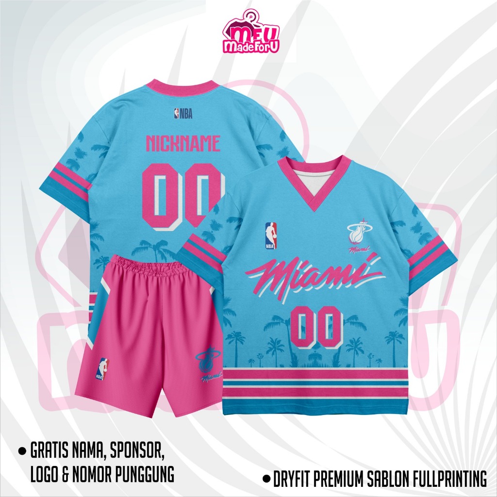 เสื้อที่กําหนดเองสําหรับผู้หญิง/ผู้ชาย MIAMI NBA BLUE PINK Oversize V คอคอปก-ฟรีชื่อที่กําหนดเองหมาย