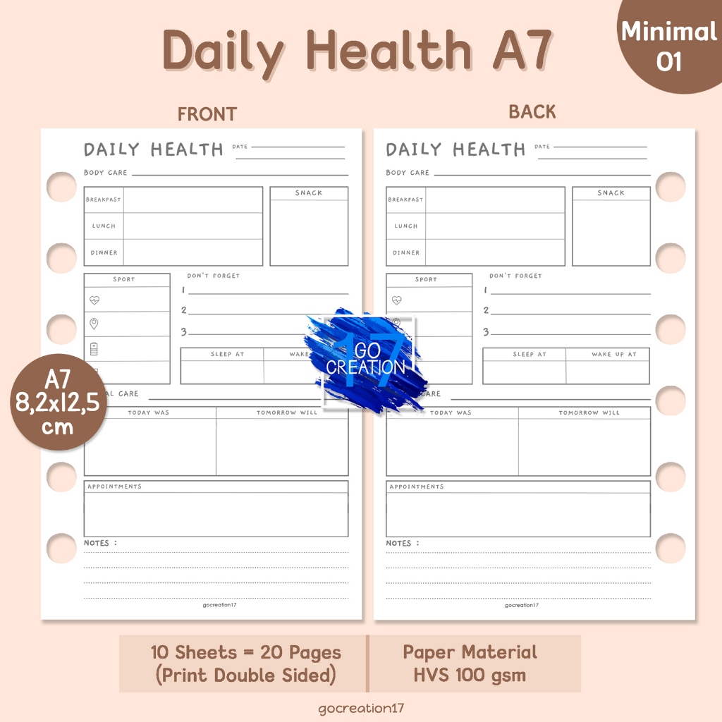 Planner Book Refill Binder Paper Daily Health Simple Minimalist A7