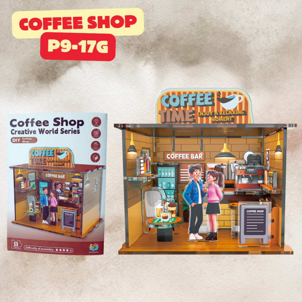 DIY ของเล่น ACRYLIC สร้างสีดํา 3D PUZZLE ACRILYC COFFEE SHOP + LAMP P9-17G