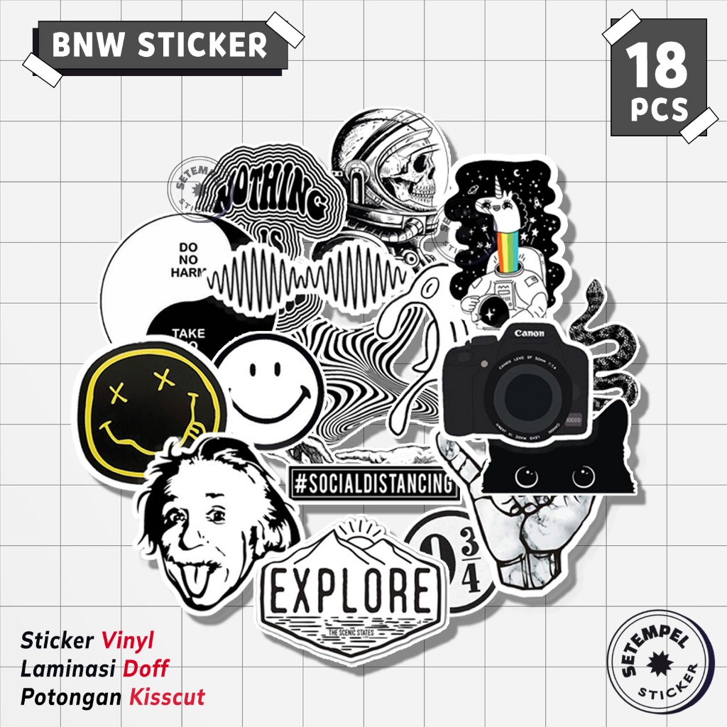 BNW สีดําและสีขาวสติ๊กเกอร์แพ็ค 18 ชิ้น | สติ๊กเกอร์ไวนิล Bnw