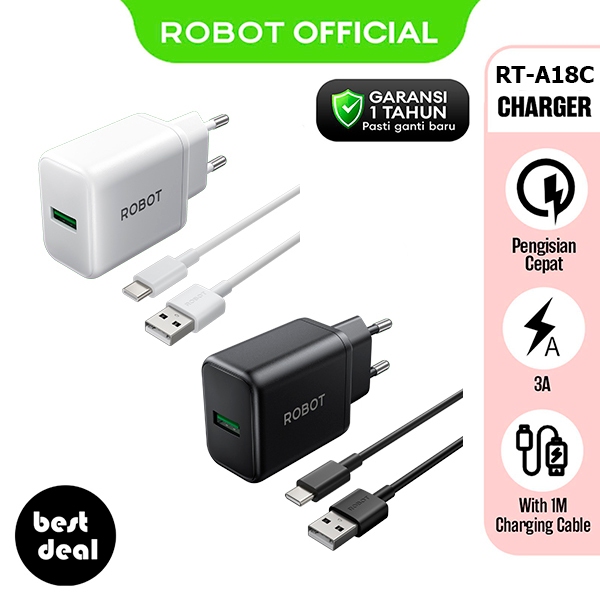 Robot RT-A18C 18W 3A Adapter Charger QC3.0 + USB-C Data Cable Combo Fast Charging (รุ่นใหม่ RT-F1 RT