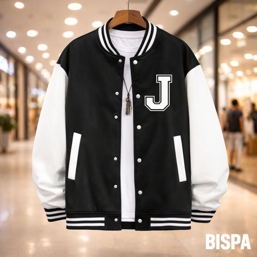 ผู้ใหญ่ผู้ชายปุ่มเบสบอล Varsity Jacket Initial Motif Varsity ปุ่ม FONT J WHITE Premium ปุ่มแจ็คเก็ตเ