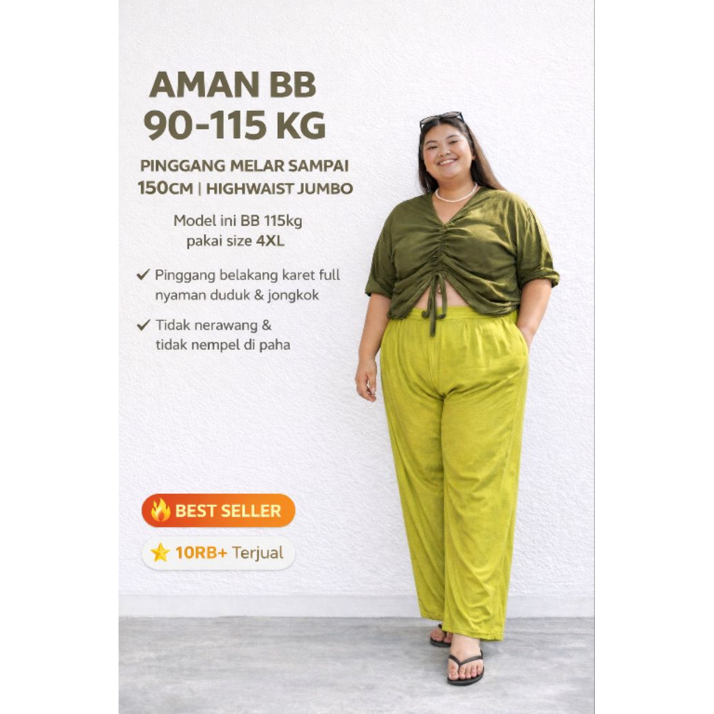 Jisho Womens Jumbo Highwaist Culottes Pants Bigsize - กางเกงขายาวเรยอนใส่สบายพอดี 70kg - 120kg