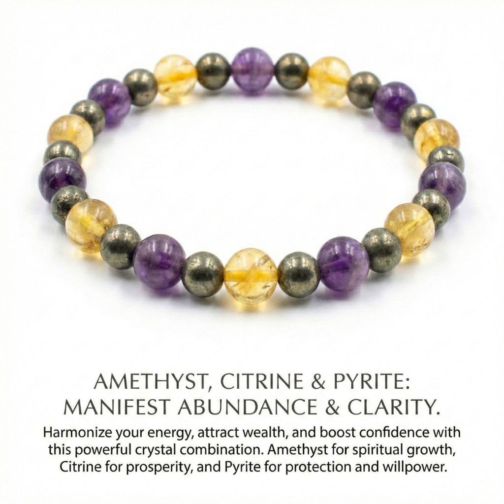 สร้อยข้อมือสามกษัตริย์: Citrine, Amethyst, Pyrite - Wealth & Positive Aura Maniftation Bracelet - หิ