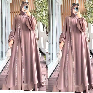 Nayla Dress Ceruty Babydoll Full Furing Abaya Kekinian Aplikasi Mute Mewah Pakaian Wanita Muslimah