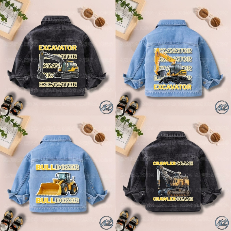 เสื้อแจ็คเก็ตยีนส์ BOYS พร้อม EXCAVATOR / PLAIN MOTIF AGES 1-7 ปี SNOW BLACK & SNOW BLUE
