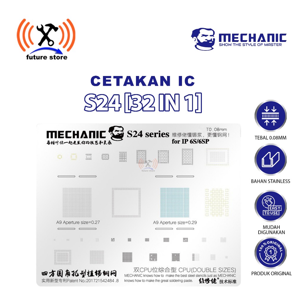 ไอซี MOLD IPHONE MECHANIC S24 0.08MM 32IN1 ORIGINAL - IC STENCIL MECHANIC S24 0.08MM IPHONE 6S 6SP O