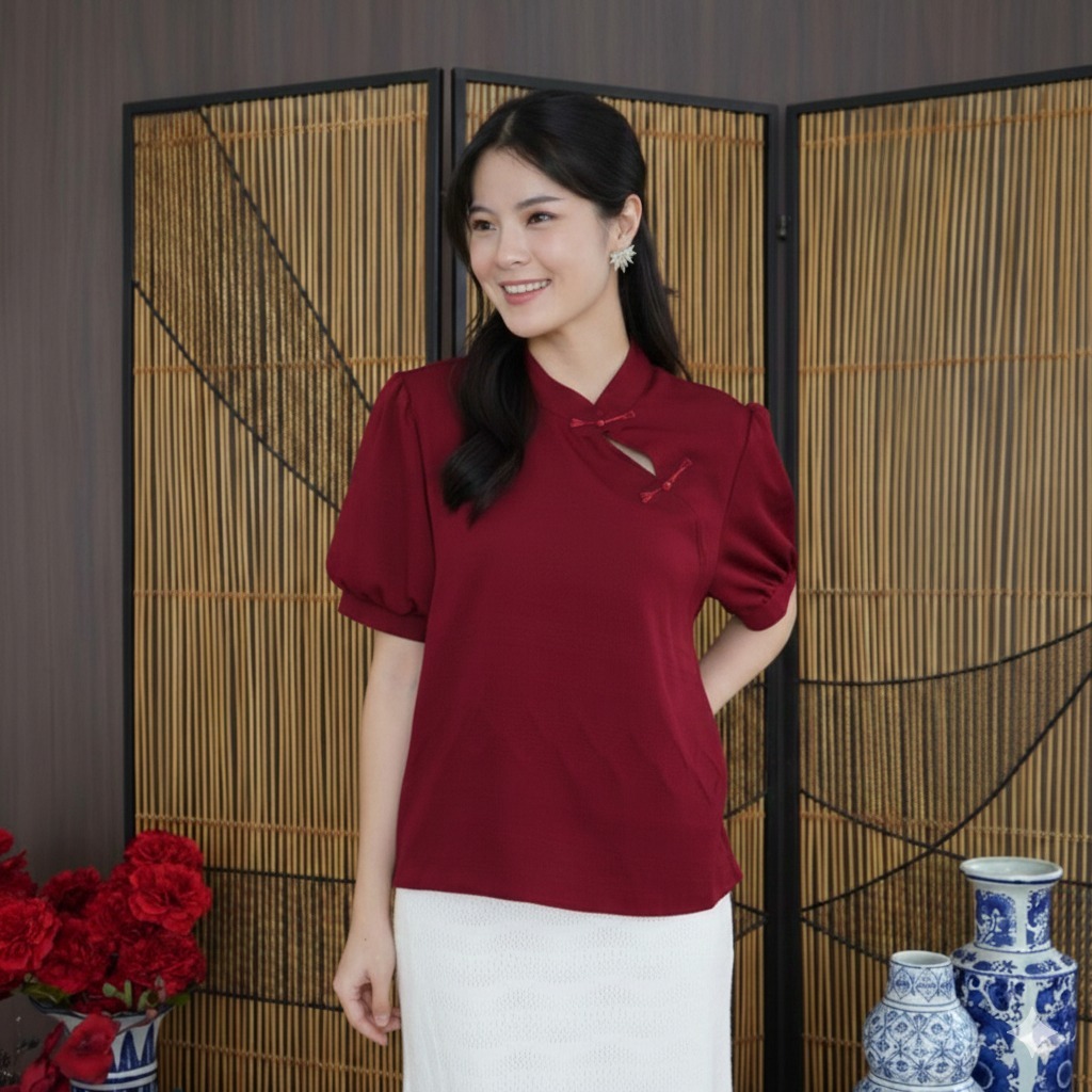 MKY CLOTHING BLOUSE HAEUN SHORT SLEEVE HIGH NECK BLOUSE (LUNAR COLLECTION)