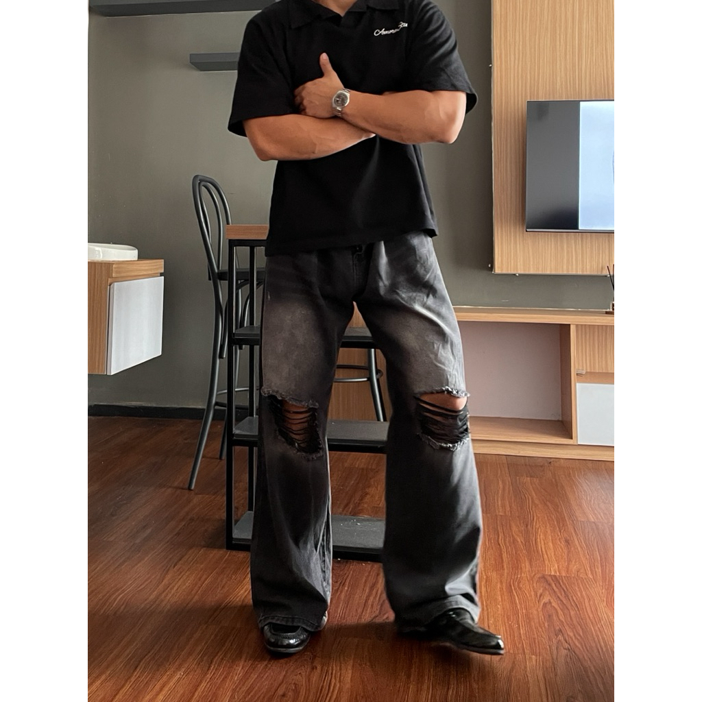 ญี่ปุ่น Loosefit Dark Ash Ripped กางเกง