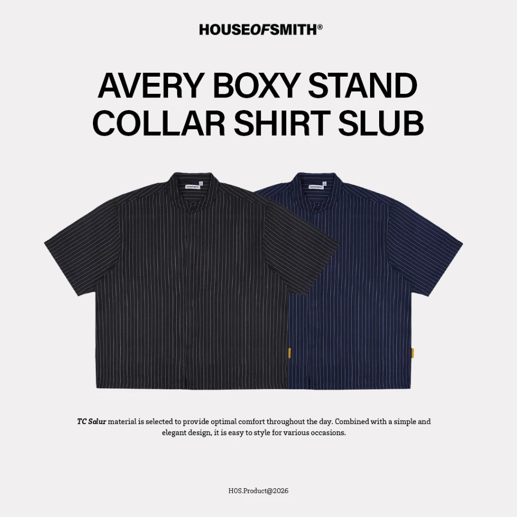KEMEJA House of Smith PKU Mens Boxy Shirt - Avery Boxy Stand Collar Shirt Slub - Boxy Shirt