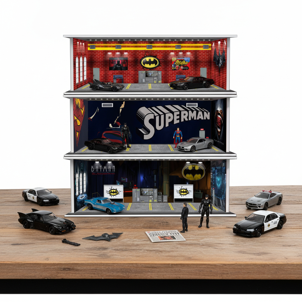 KRMK DIORAMA GARAGE GARAGE ซูเปอร์ฮีโร่ BATMAN SUPERMAN Series พร้อม LED