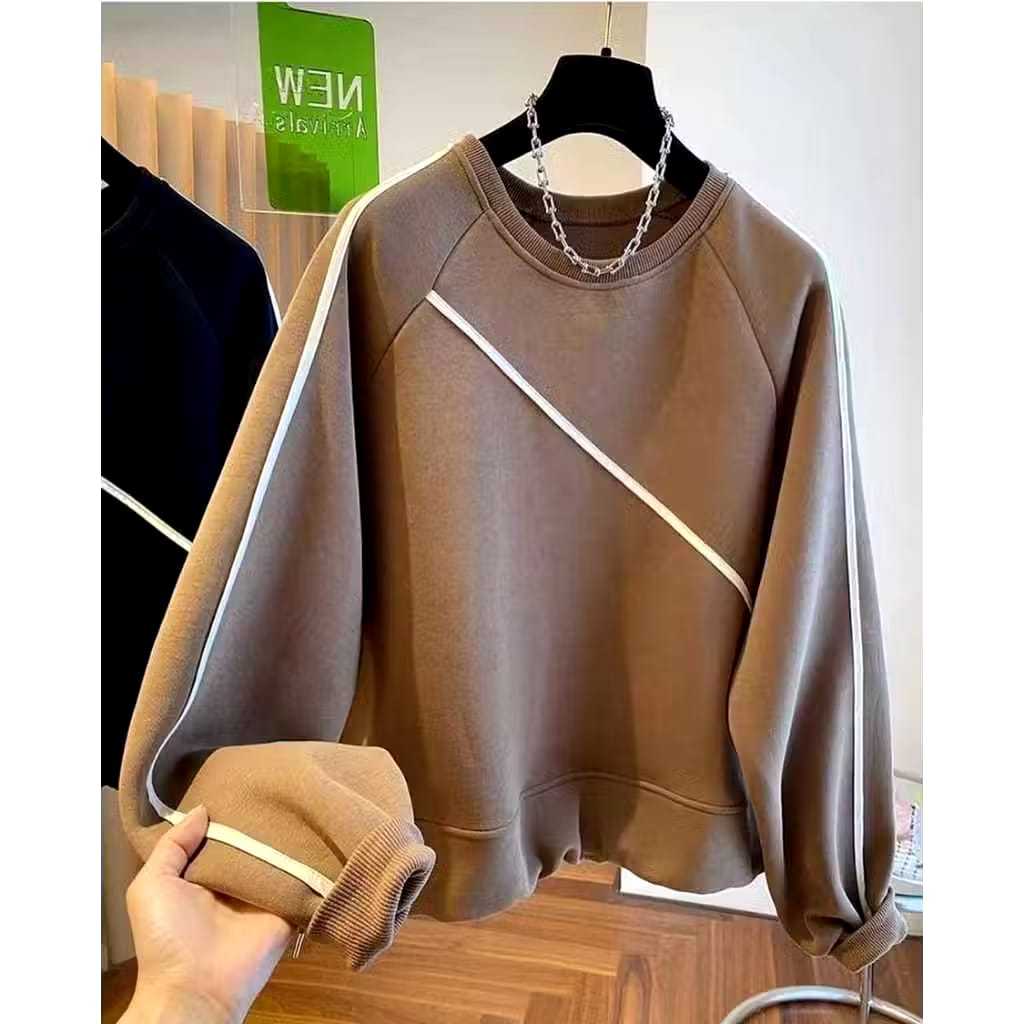 Dinafshn - Womens Sling Strip Reglan Oversize Crew Neck Oblong Sweater with Korean Vintage Striped M