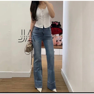 Angel - jennie Cutbray Higwaist Lipatan Kaki Lebar Besar Celana Jeans Streatcah Wanita