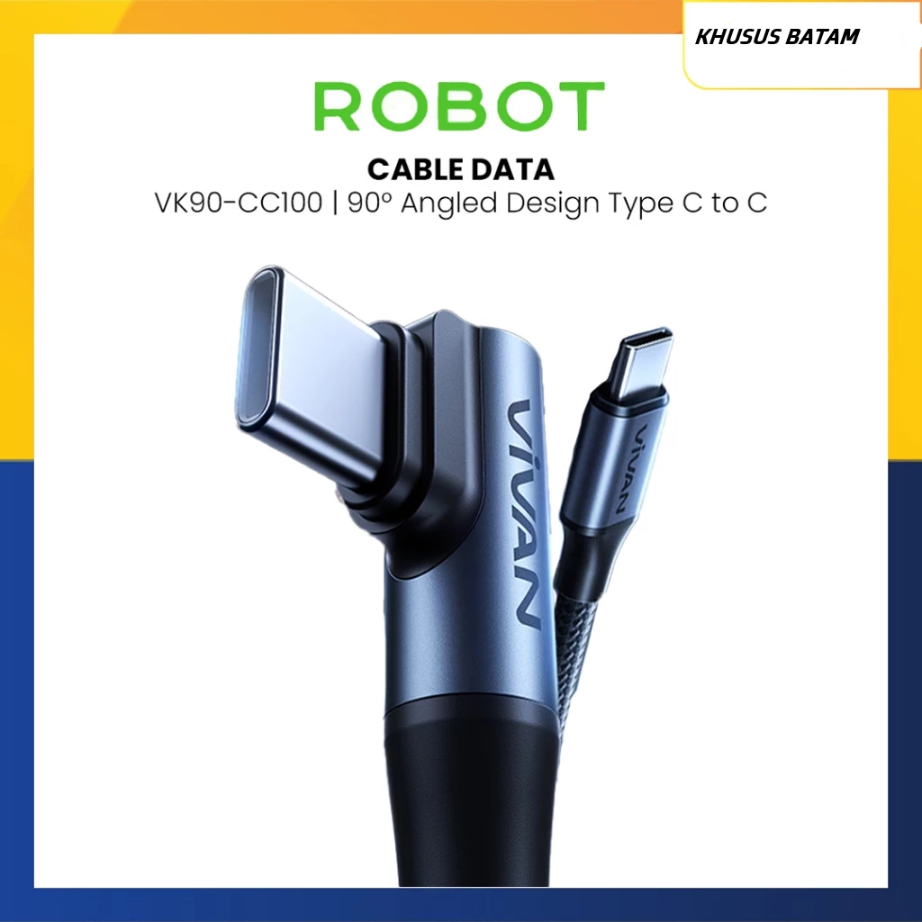 สายเคเบิลข้อมูล Vivan VK90-CC100 Type C ถึง Type C 90° การออกแบบมุมถัก 3.25A 65W 100CM
