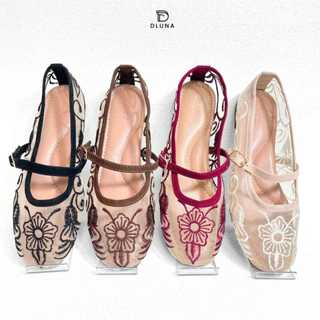 Dluna - Naomi Flatshoes Hak 1 cm | Flatshoes Bordir Jaring Transparan Gesper Aktif