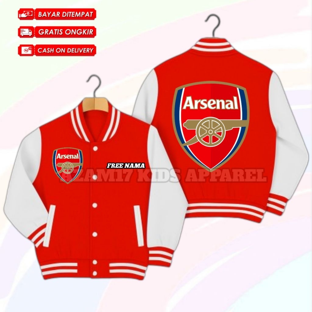 แจ็คเก็ต VARSITY ARSENAL KIDS BASEBALL JACKET ฟรีชื่อ / ARSENAL FOOTBALL CLUB KIDS VARSITY BASEBALL 