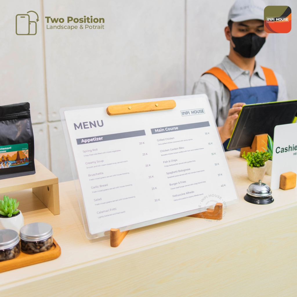INPI HOUSE Menu Board, Stand - ที่วางป้ายเมนู - ขนาด A3 แนวนอนและแนวตั้ง - วัสดุไม้และอะคริลิก
