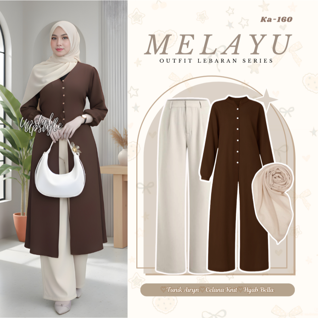 Upstyle - Melayu Outfit Set Lebaran Oneset 3in1 Modern Mahogany (Ayrin Tunic + กางเกงถัก + bella Squ