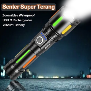 Anbolt Senter LED Super Terang Jarak Jauh Anti Air Senter LED 90000 Lumens Original USB-C Rechargeable Zoom Flashlight with 26650 Baterai