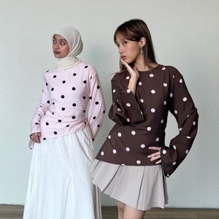 Bling It On - LEONA Polka Top - Pink Brown Polkadot Dots Dotted Pattern Atasan Wanita Feminim Fitted