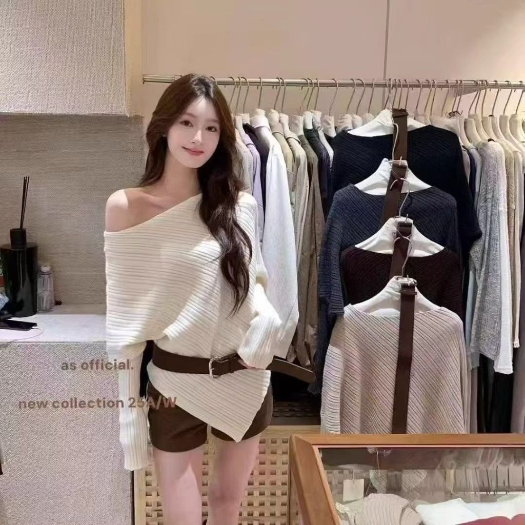 พร้อมส่ง - Windy off Shoulder Top เสื้อสไตล์เกาหลี เสื้อสเวตเตอร์ถักผู้หญิง - SEOULCHIC.id