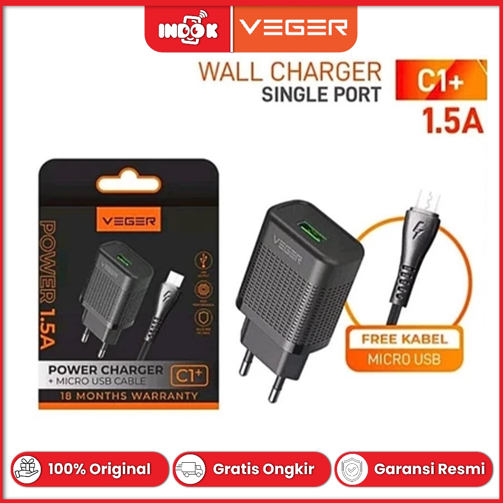 VEGER C1+ / เครื่องชาร์จไฟ VEGER C1+ พร้อมสาย MICRO, TYPE C 1.5A เอาต์พุตเดี่ยว ORIGINAL