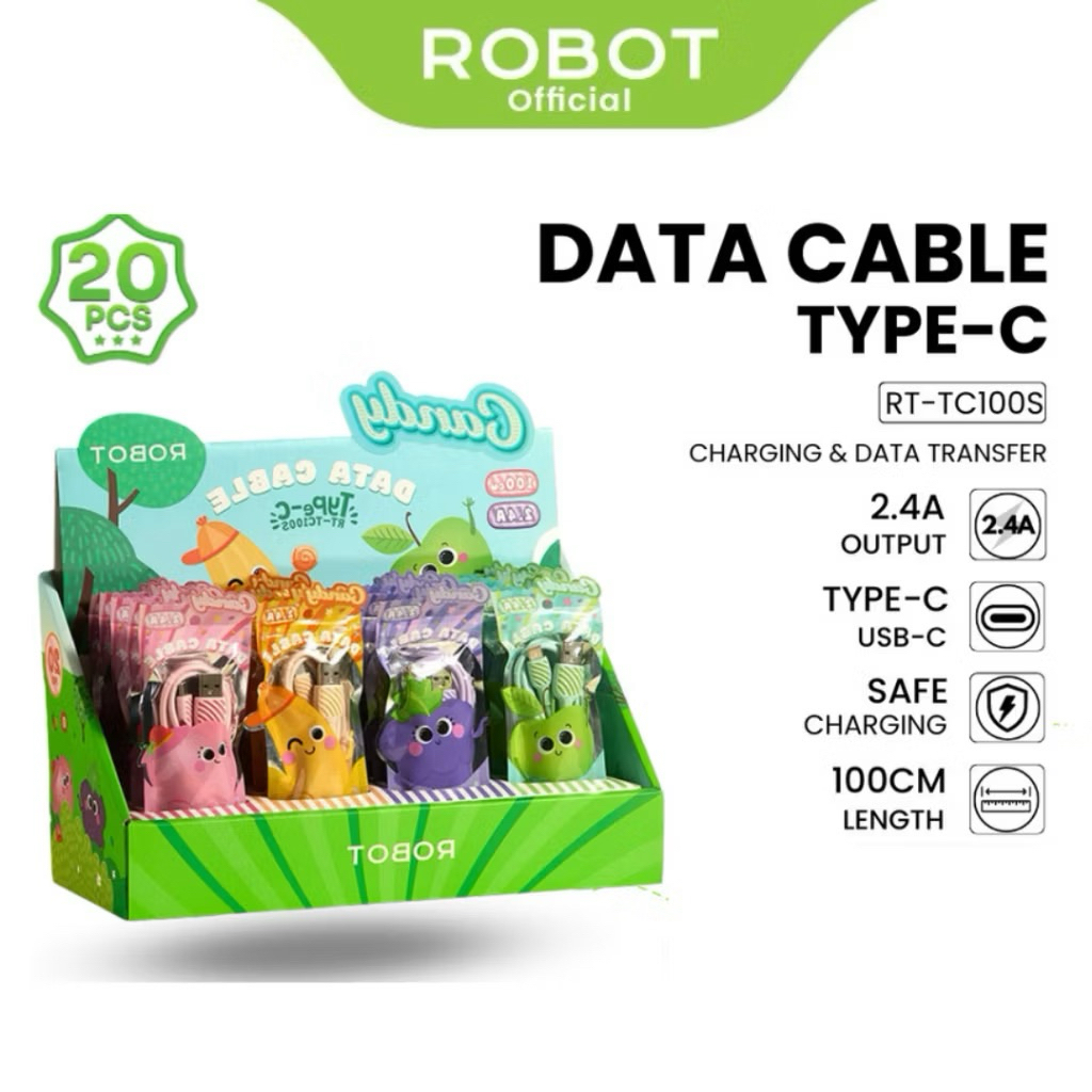 Robot RT-TC100s Cable Data Candy Type-C 2.4A Fast Charging TC100s, 1 กล่อง 20 ชิ้น