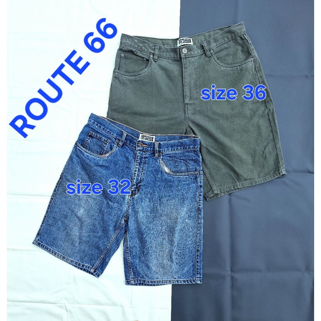 ROUTE 66 Denim Army Blue Jeans กางเกงขาสั้นผู้ชายดั้งเดิม