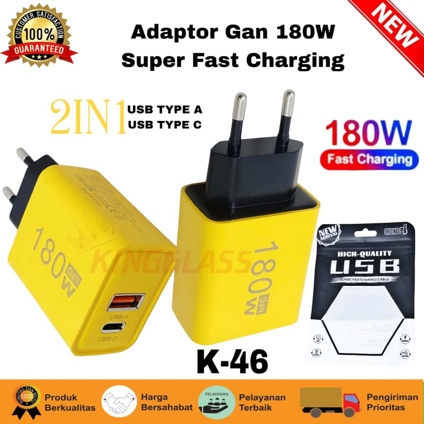 Kingglass Adaptor K46 Batok Charger GAN 2 in 1 USB + PD C 180W Fast Charging [GLX]
