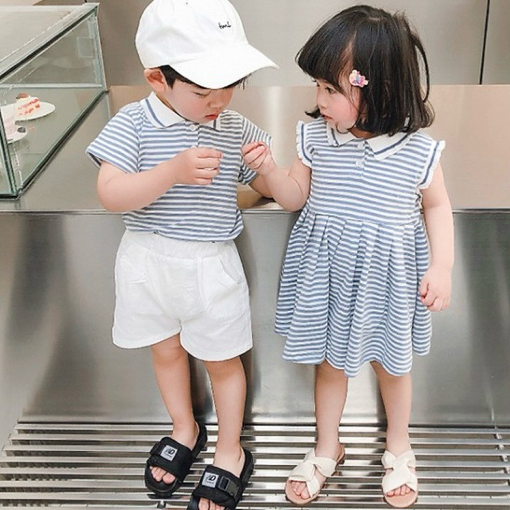 Riley Couple Blue Striped Polo Dress & Shirt Set | ไซส์ 1-7y | เสื้อผ้าคู่สําหรับเด็กชายและเด็กหญิง 